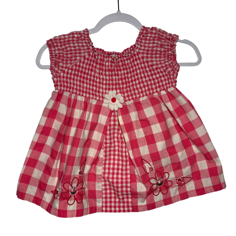 Vtg Sesame Street Elmo Dress 3T Pink Gingham Smocked Floral Embroidered 90s Y2K